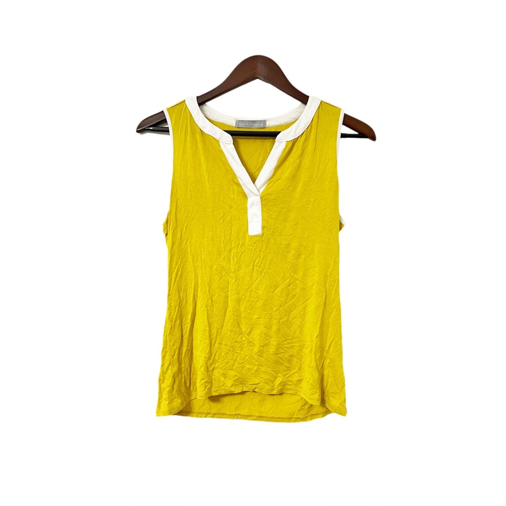 Olivia Moon Sleeveless Yellow & White Split Neck Tank Top | Size Small